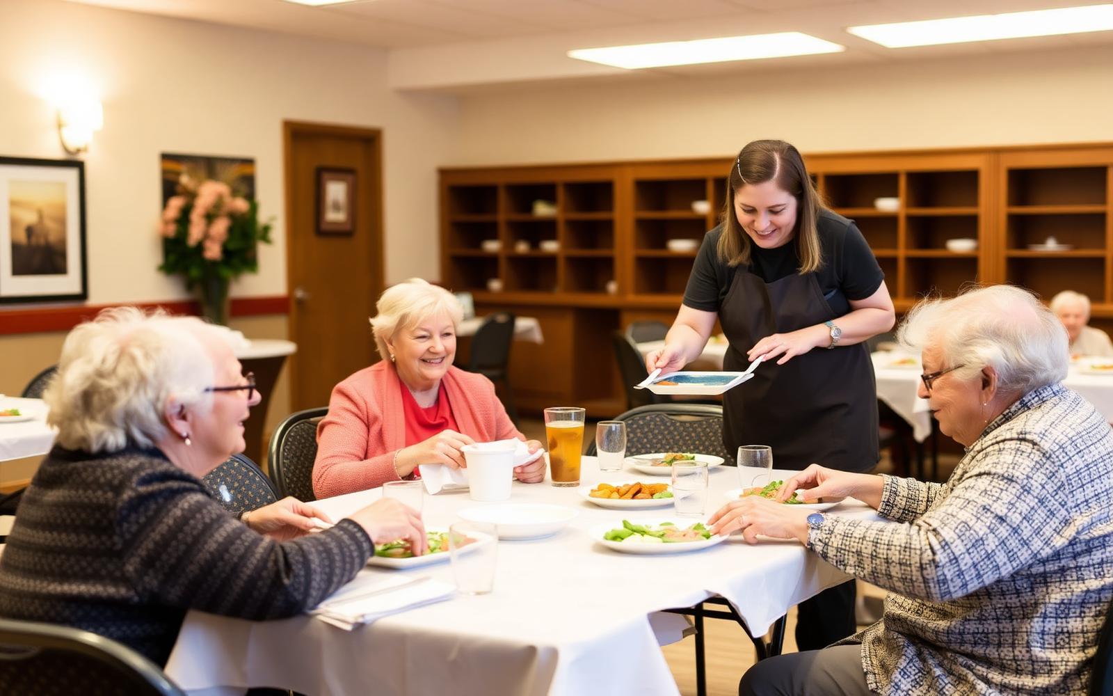 Adult day care staff serving a healthy meal at communal table