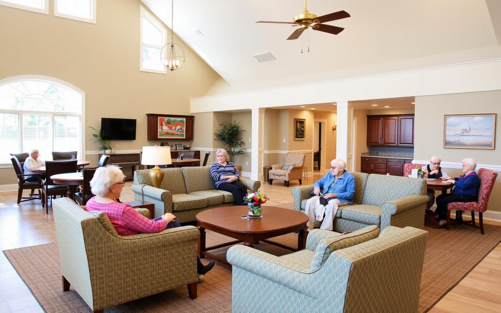 Bright assisted living community common area with residents