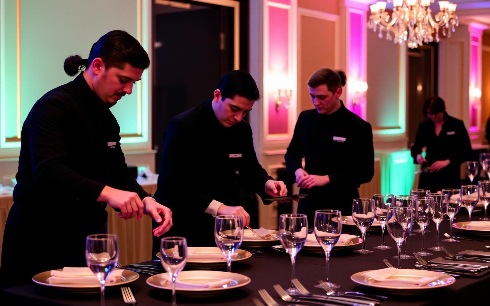 Professional catering service team setting up an upscale event
