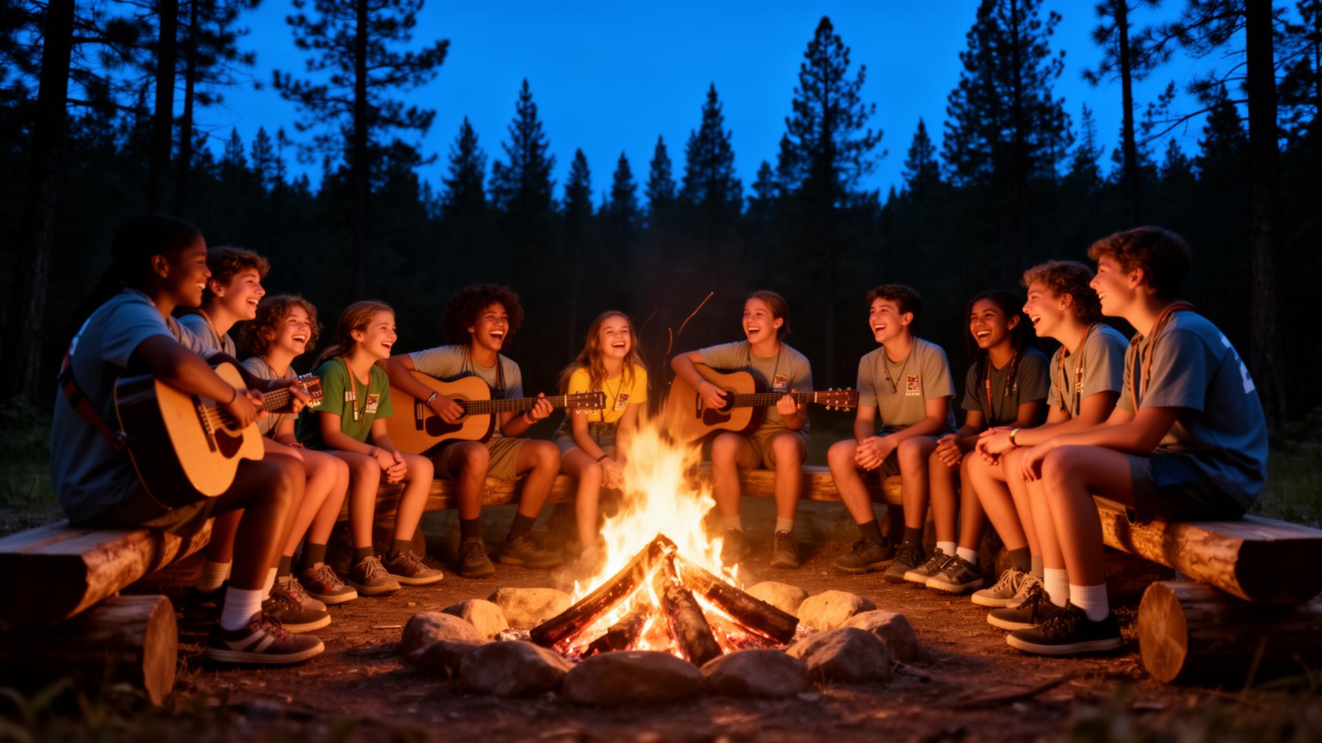 Campers and counselors gathered around a campfire with guitars in evening fellowship