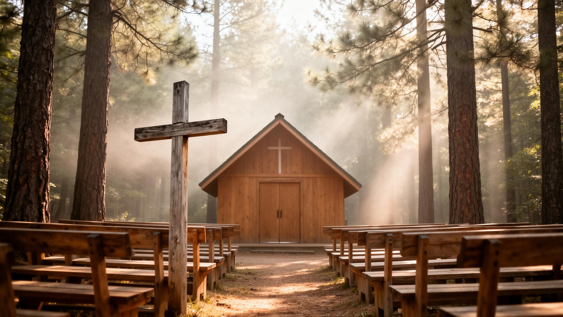 Outdoor wooden chapel with a simple cross nestled among pine trees at a Christian camp