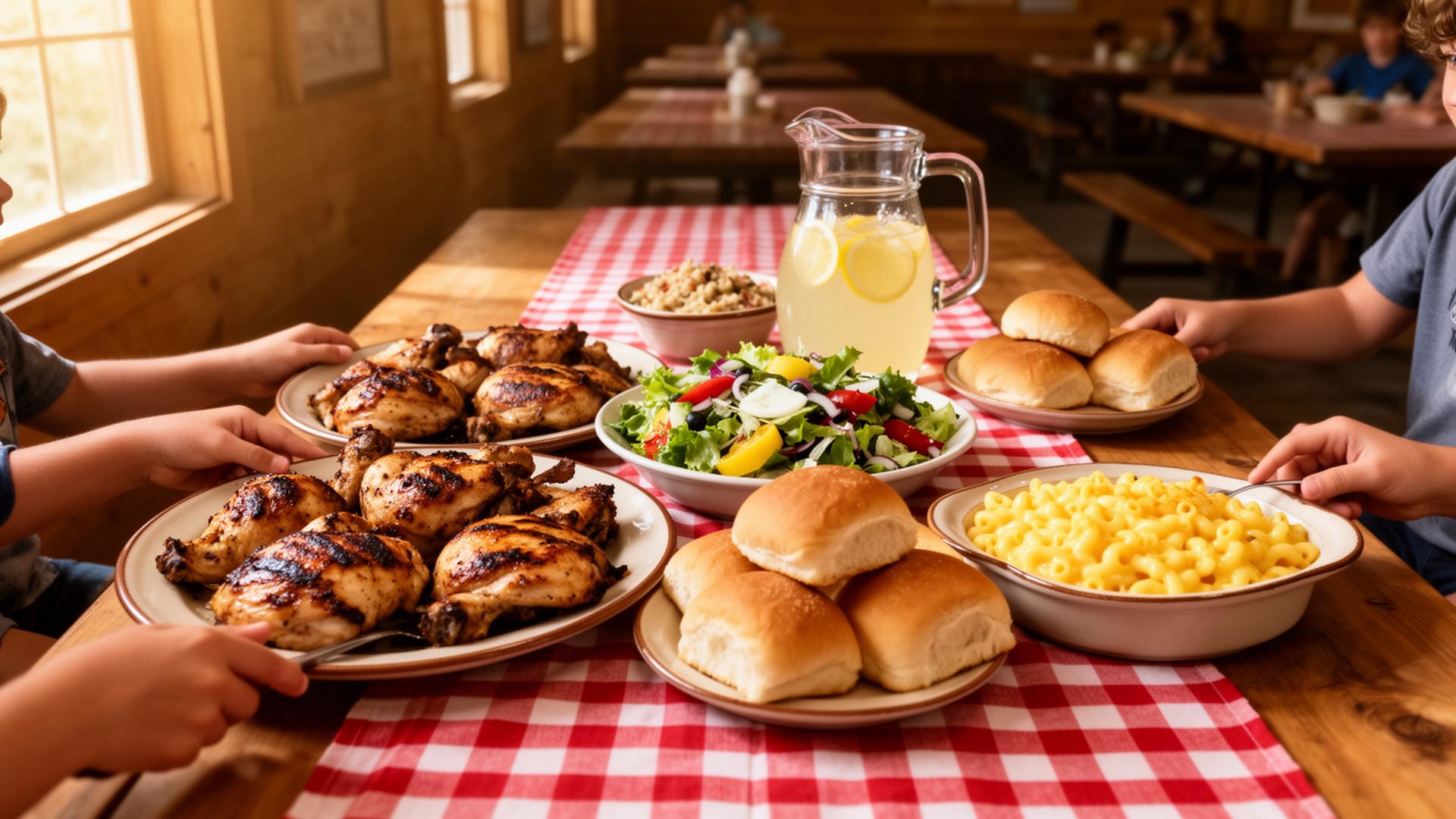 Hearty family-style camp meal of grilled chicken, salad, rolls and mac and cheese on a checkered tablecloth