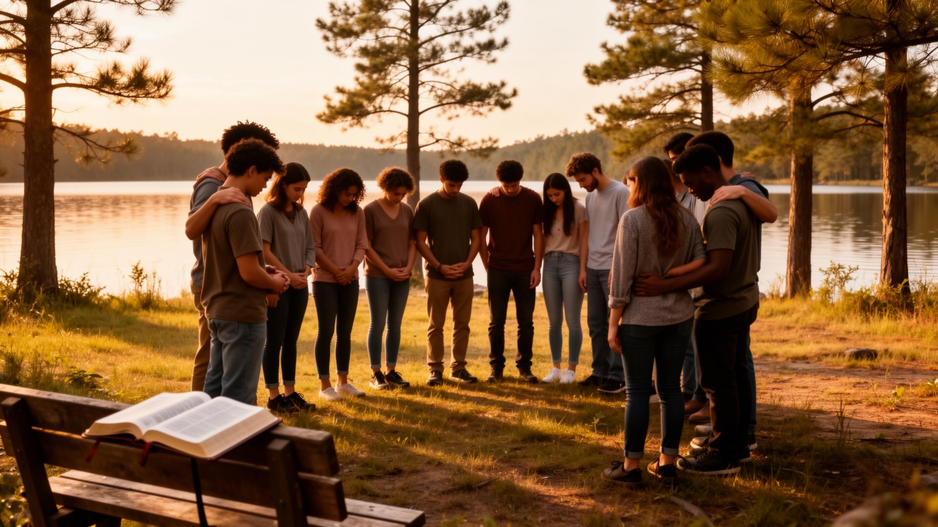 Lakeside prayer circle at golden hour with an open Bible on a wooden bench