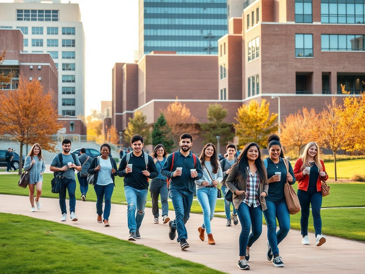 Diverse college students walking and gathering on a beautiful university campus