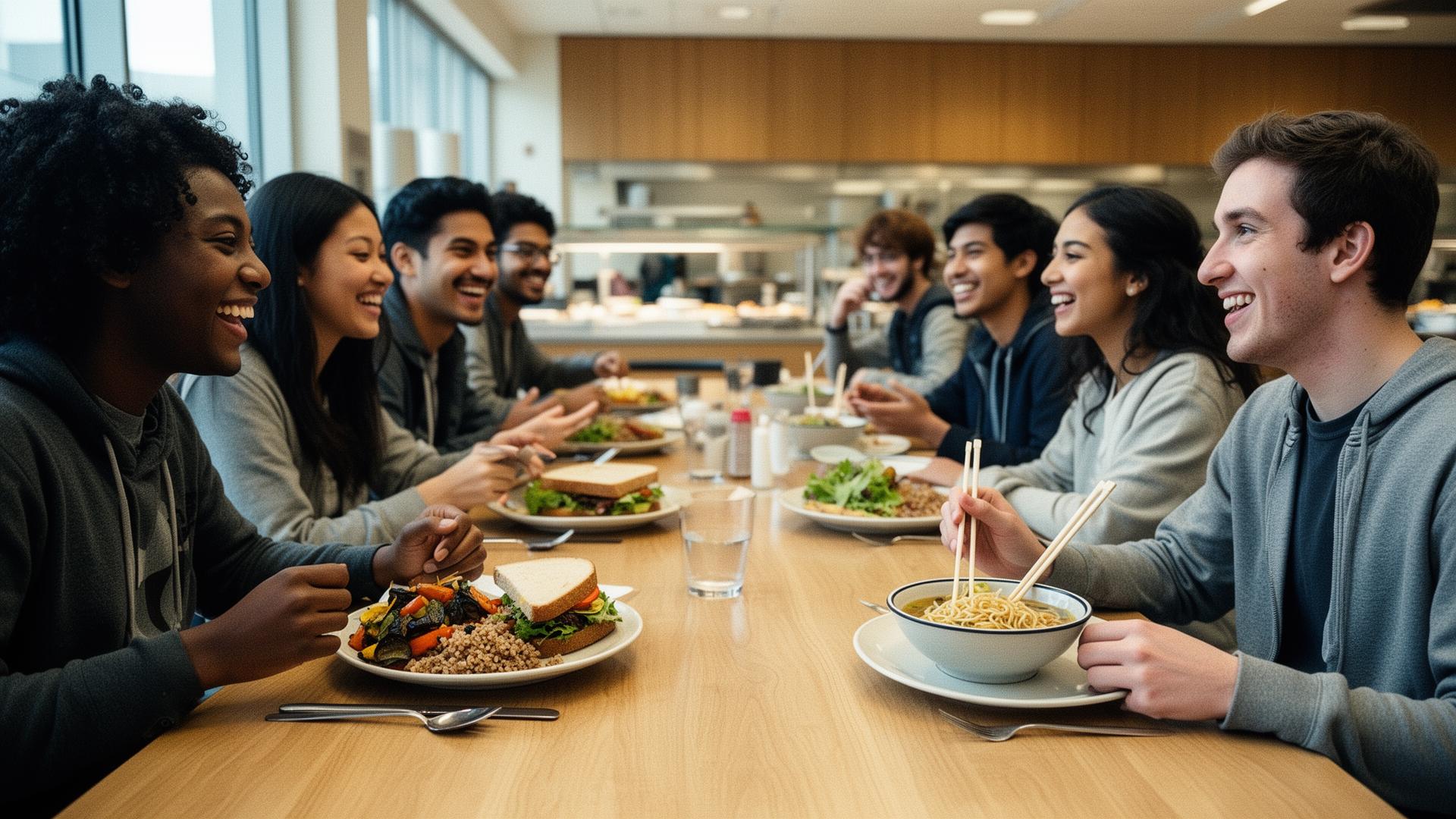 Students dining in a modern university dining hall