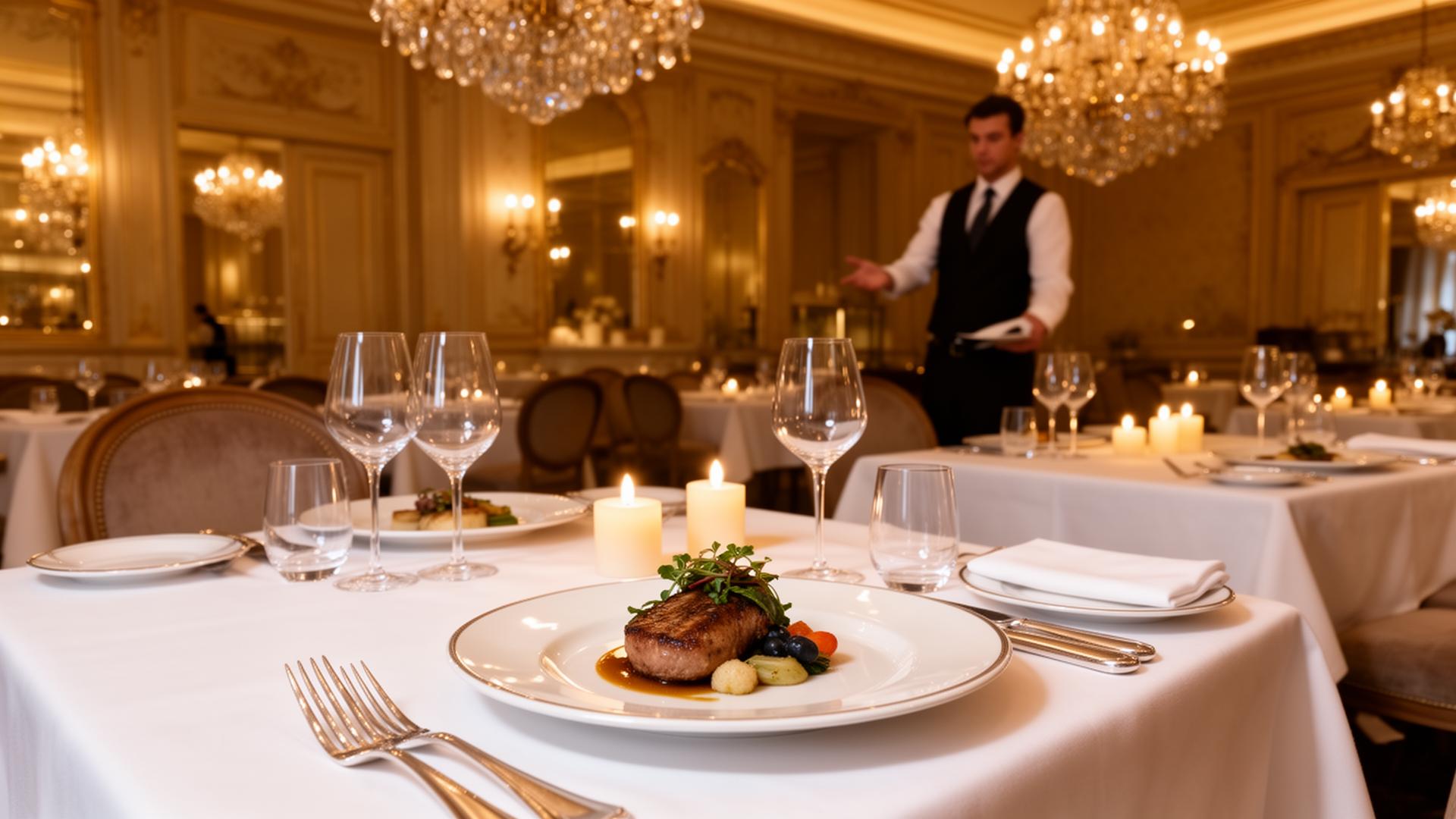 Elegant hotel fine dining restaurant with candlelit tables
