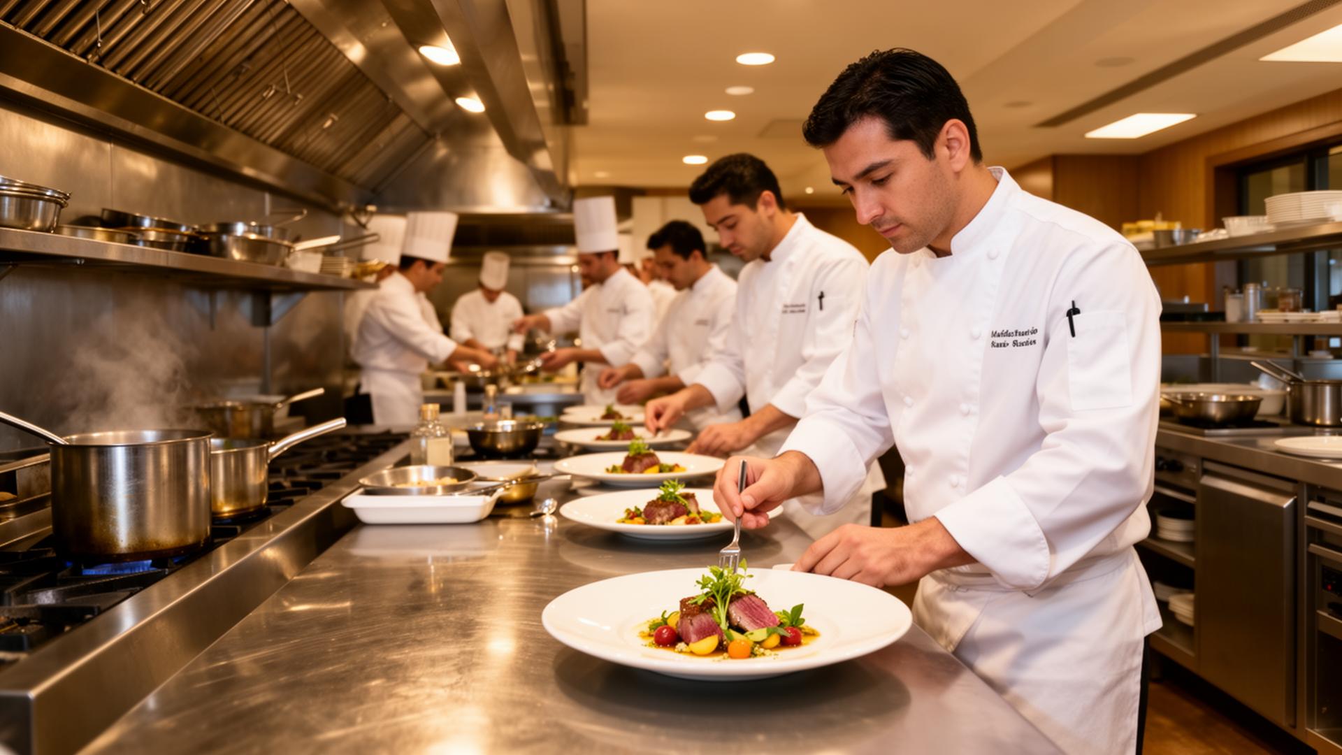 Executive chef and team working in a professional resort kitchen
