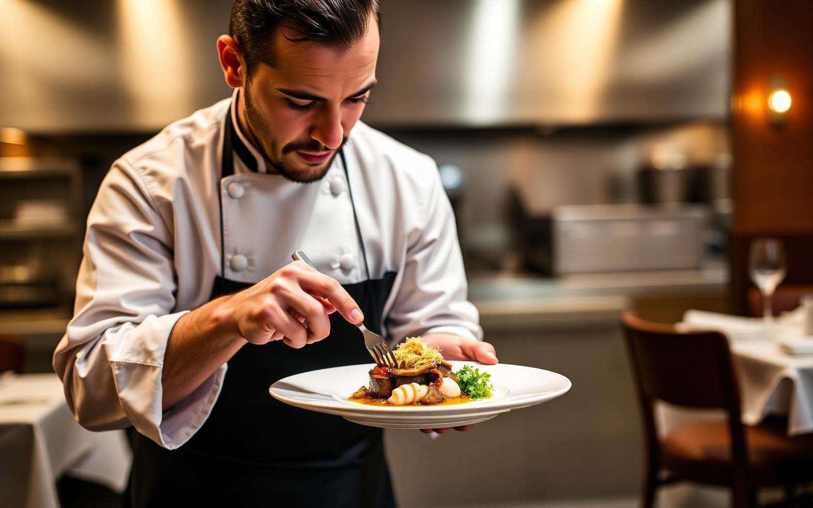 Executive chef carefully plating a gourmet dish