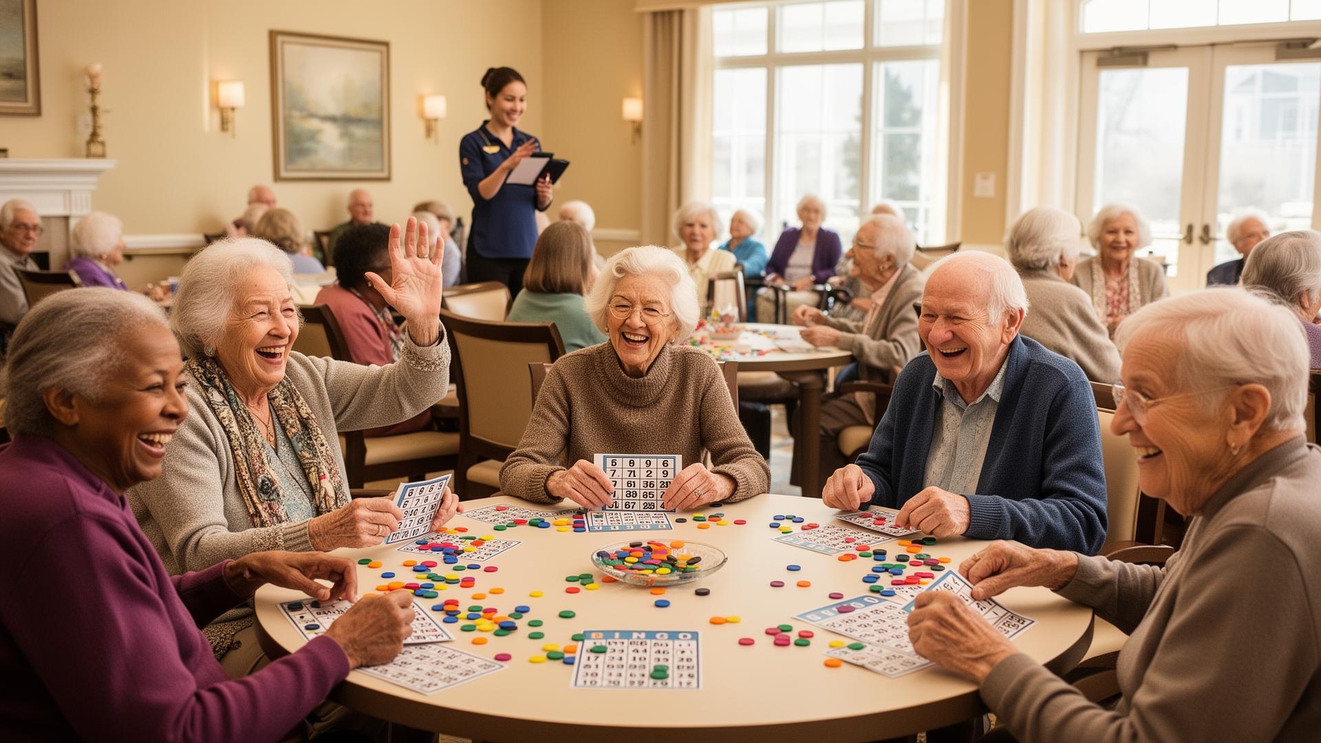 Senior residents laughing and playing bingo together in a bright community activity room